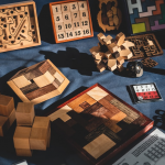 wooden block, jigsaw, and puzzle games strewn across a blue table
